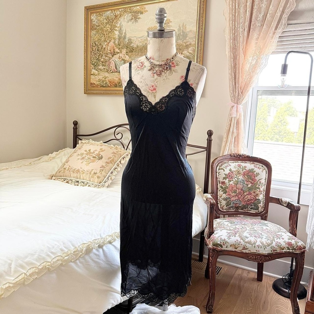 90s French Maid size 40 black lace trim slip dress - Picture 2 of 7